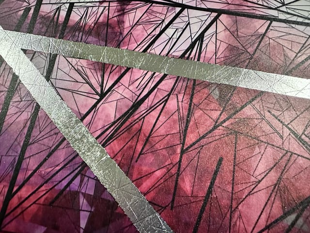 A drypoint print made from a snapshot in the live drawing process, with silver leaf on selected lines.